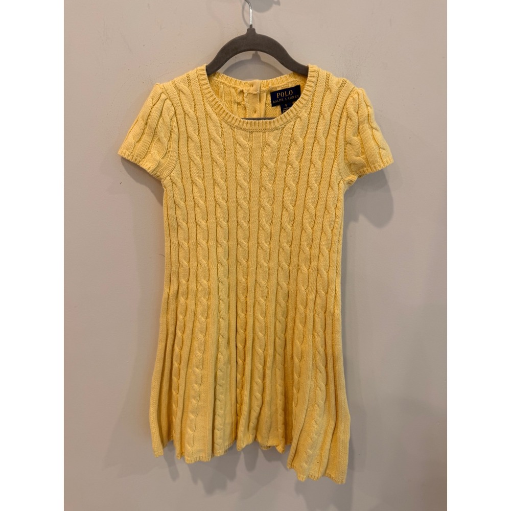 Polo Ralph Lauren Girls 6 Yellow Cable Knit Cotton Sweater Dress Short Sleeve